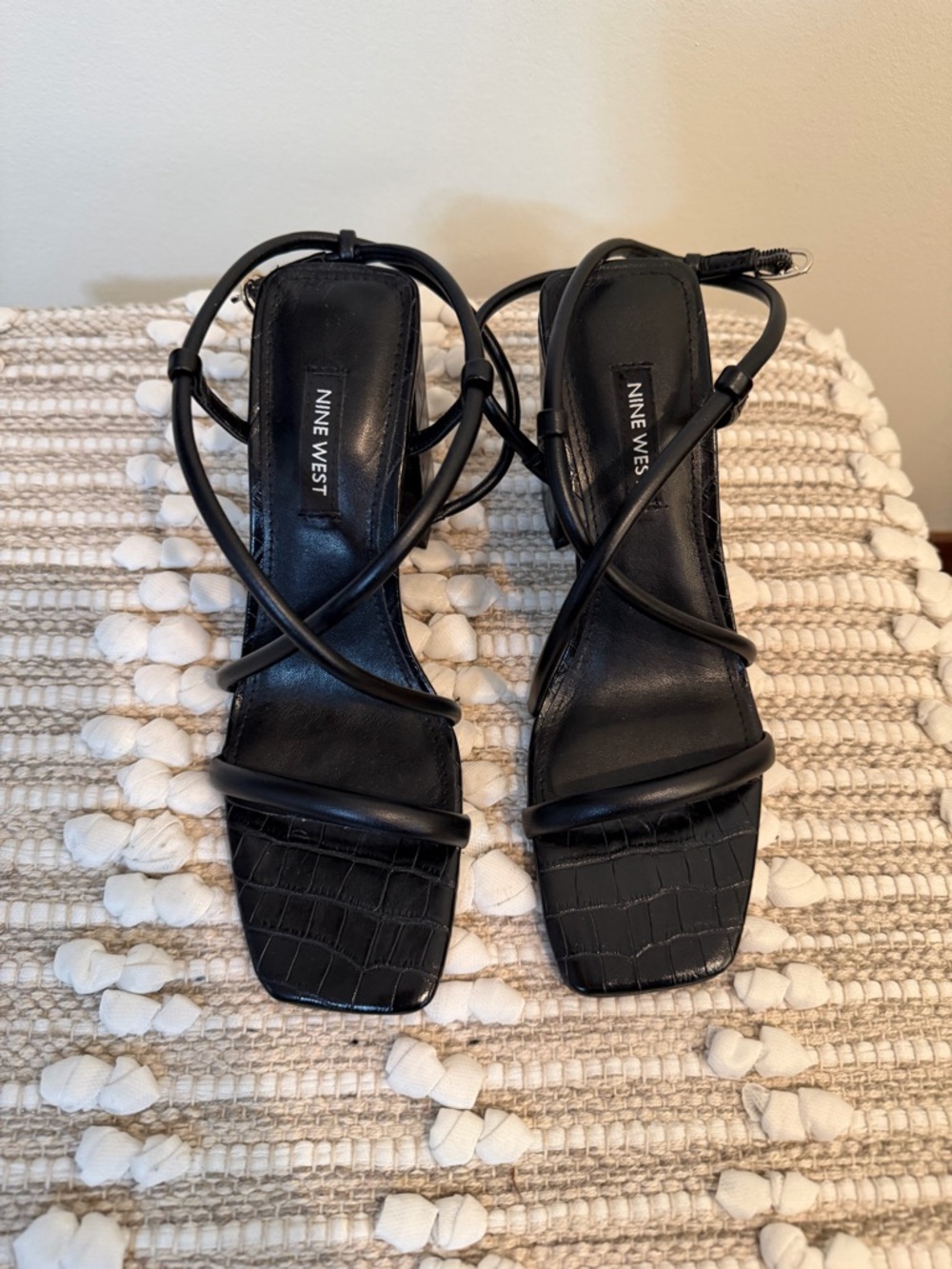 Nine West Black Strappy Croc-Texture Square-Toe Heels